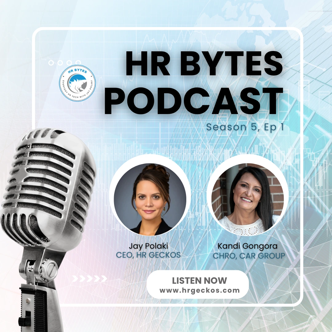 Promotional tile for HR Bytes Season 5: Episode 01, featuring Kandi Gongora. The image includes her professional headshot, a large microphone graphic, and a link to hrgeckos.com/podcast.